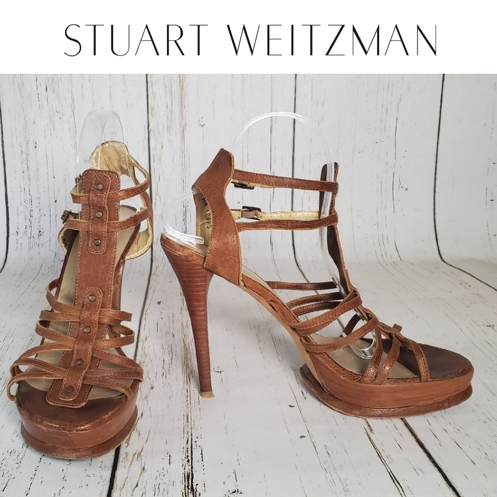 Stuart Weitzman Brown Leather Strappy Sandal Heels